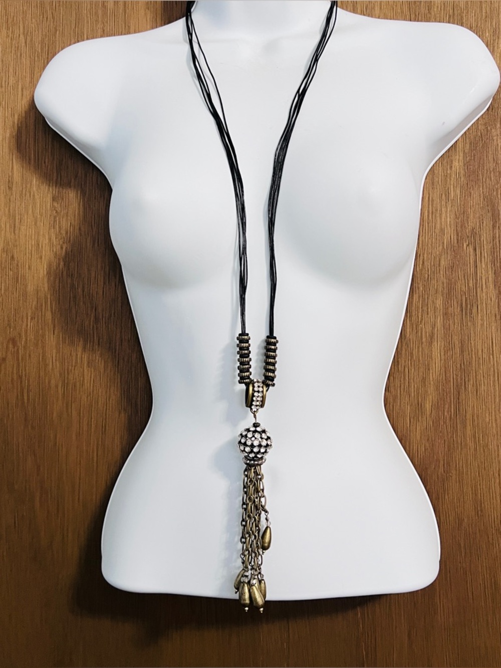 Chico's brass and clear rhinestone tassel pendant Necklace Approximately 35"
